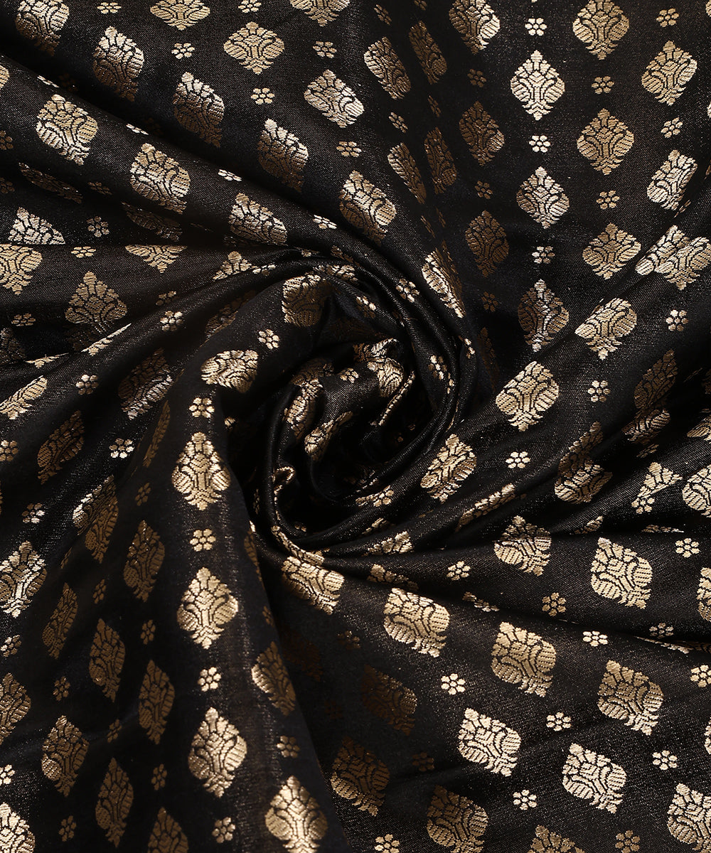 Black_Handloom_Pure_Satin_Silk_Kimkhab_Banarasi_Fabric_With_Gold_Zari_Booti_WeaverStory_05