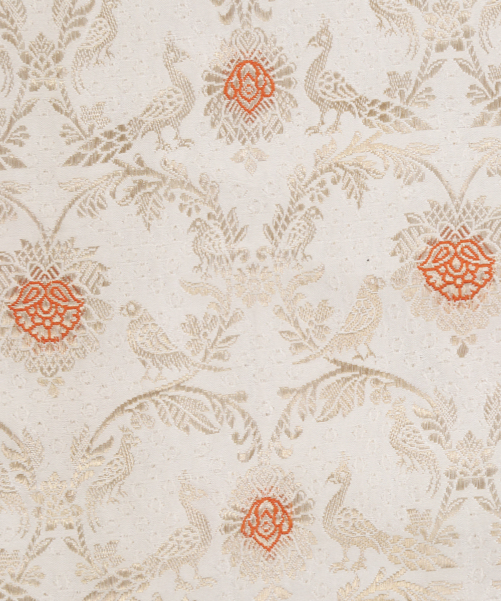 White_Handloom_Gajji_Silk_Dyeable_Banarasi_Fabric_With_Peacocks_WeaverStory_03