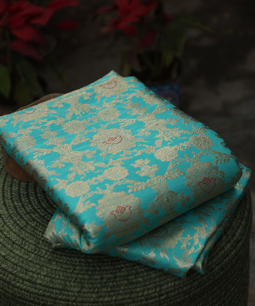 Aqua Green Handloom Pure Katan Silk Kimkhab Banarasi Fabric With Odhna Jaal