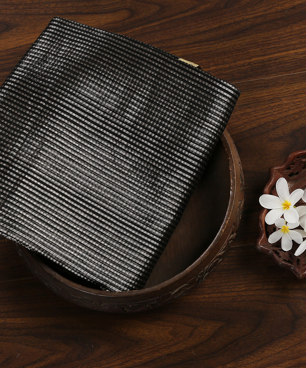 Black_Handloom_Tissue_Silk_Banarasi_Fabric_With_Zari_Stripes_WeaverStory_01