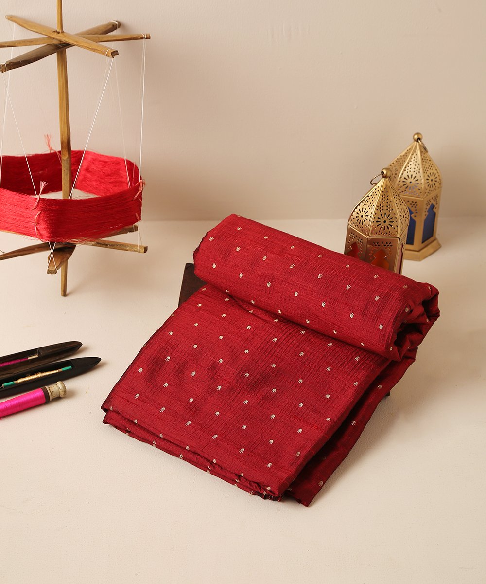 Maroon_Handloom_Tusser_Silk_Banarasi_Fabric_with_Booti_Design_WeaverStory_01