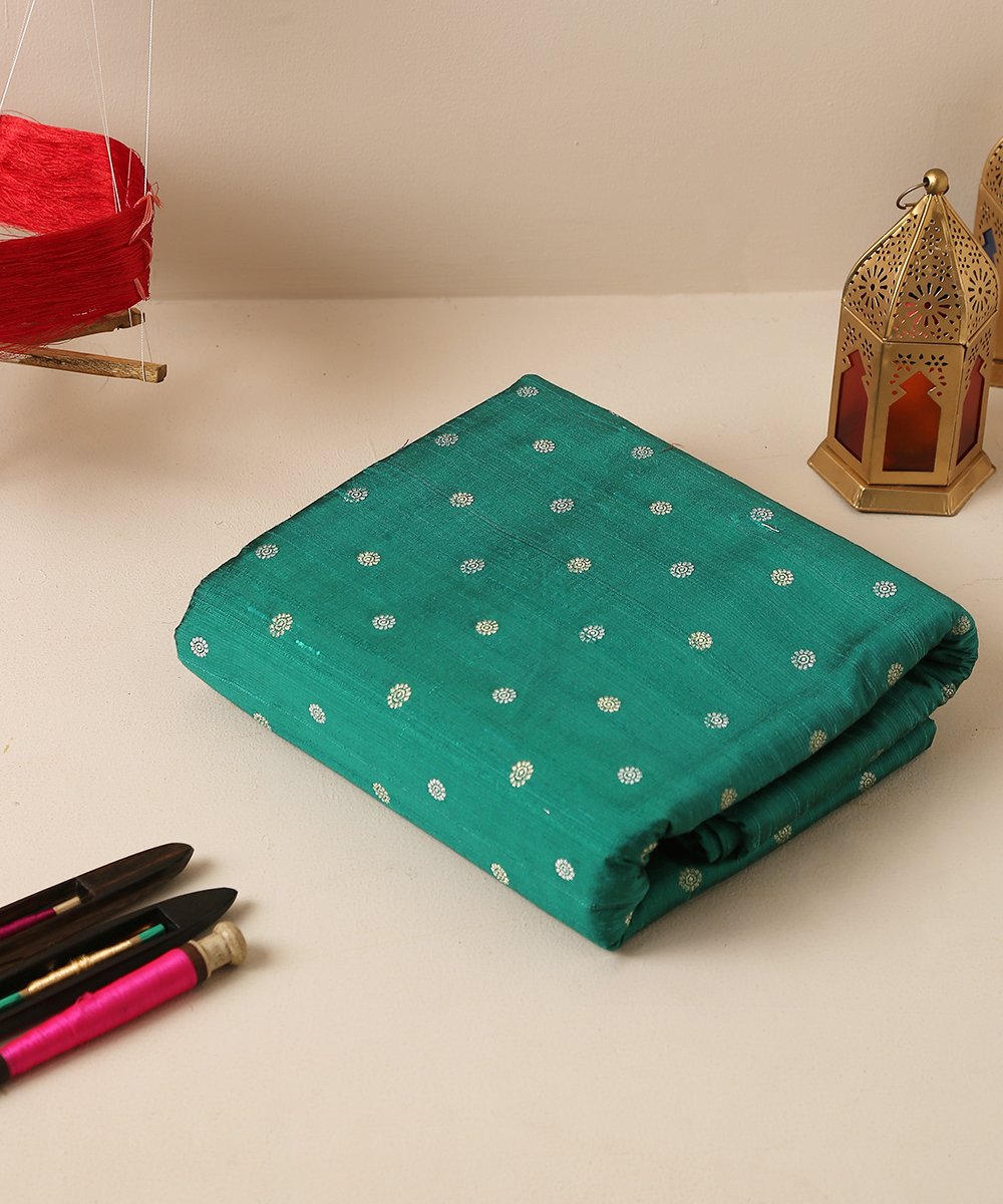 Handloom_Teal_Green_Tusser_Silk_Banarasi_Fabric_with_Booti_WeaverStory_01