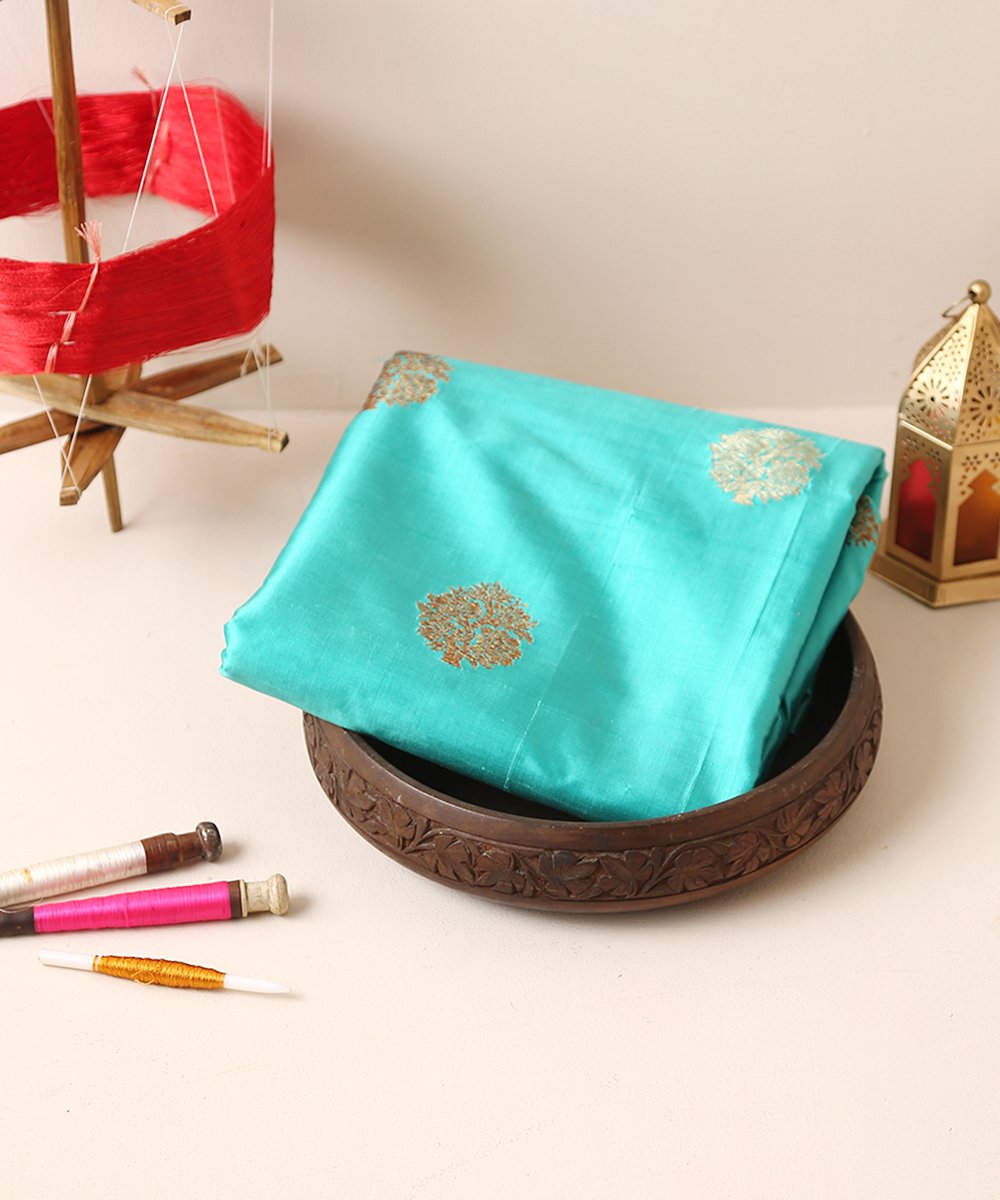 Handloom_Aqua_Dupion_Silk_Banarasi_Fabric_with_Zari_Boota_WeaverStory_01