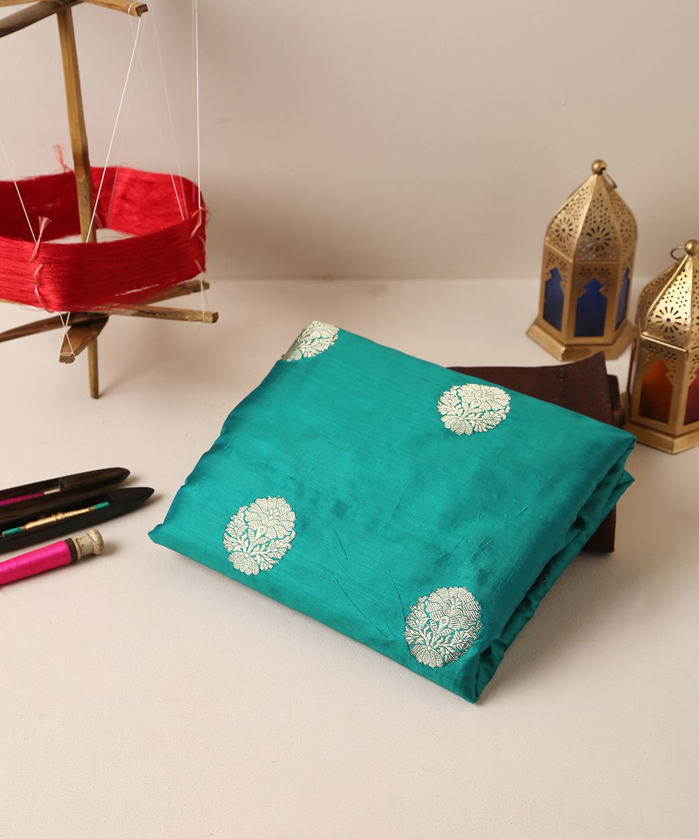 Emerald_Green_Handloom_Dupion_Silk_Banarasi_Fabric_with_Zari_Boota_WeaverStory_01
