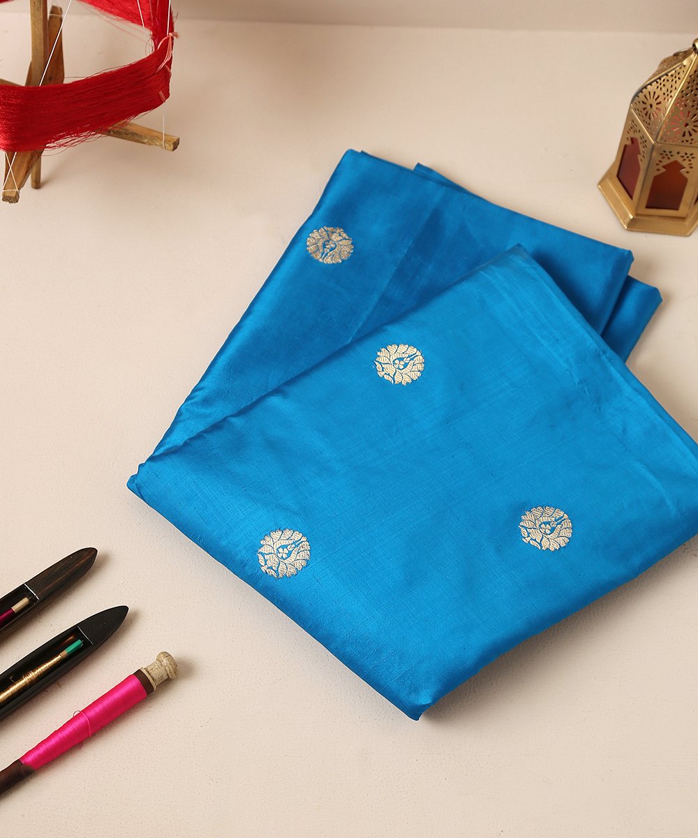 Blue_Handloom_Dupion_Silk_Banarasi_Fabric_with_Zari_Boota_WeaverStory_01