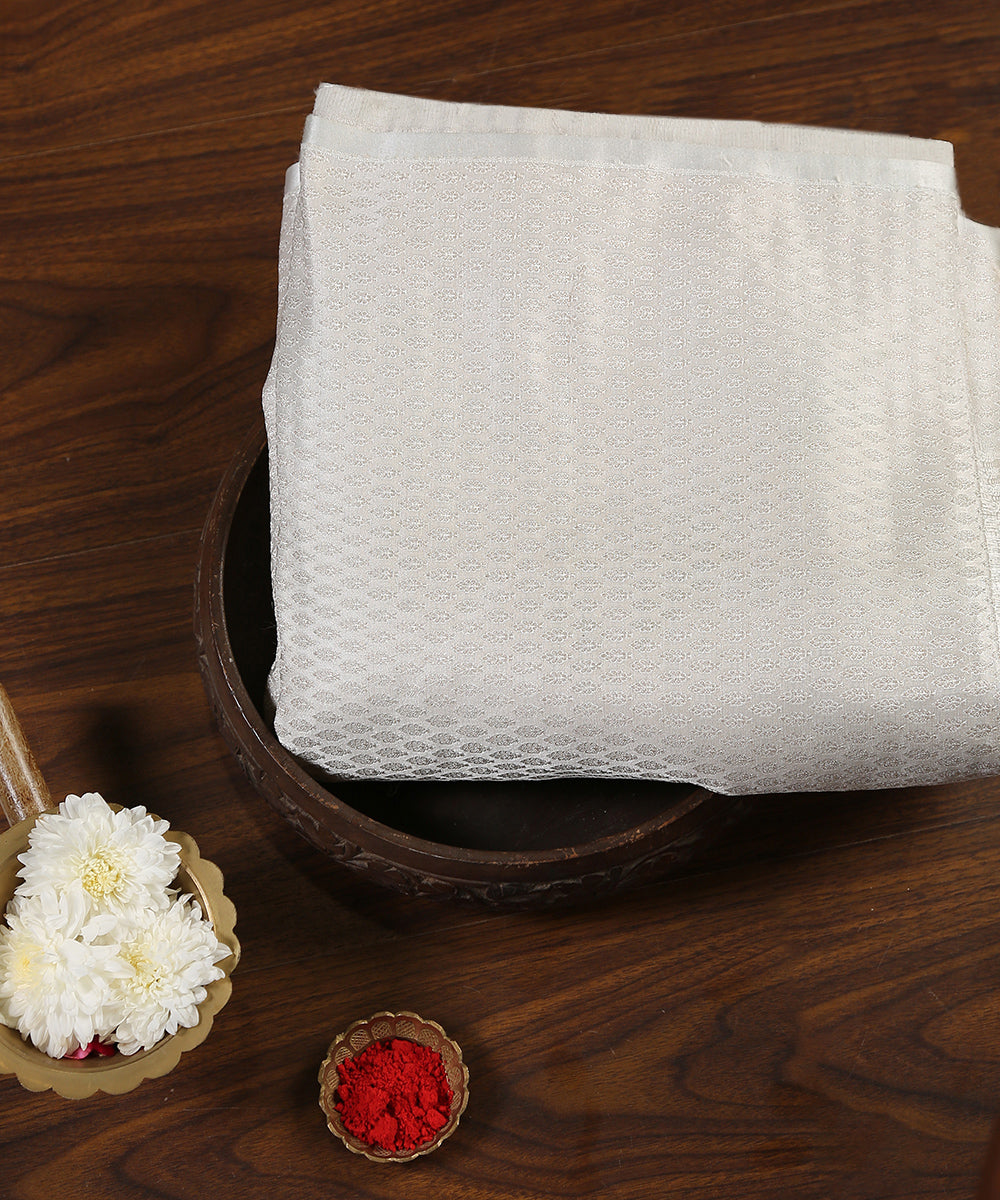 Handloom_White_Satin_Brocade_Banarasi_Fabric_With_Silver_Zari_WeaverStory_01