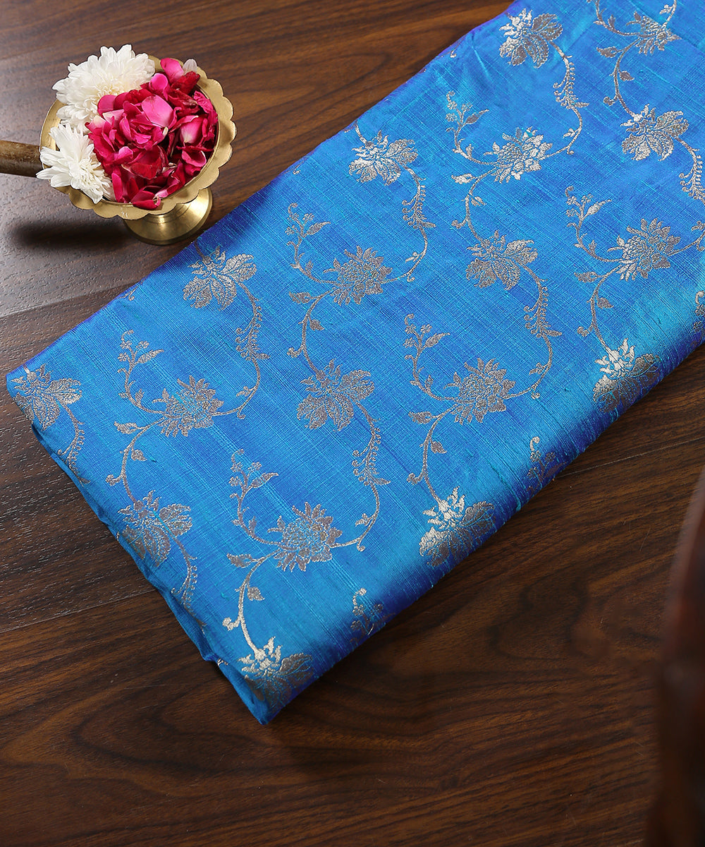 Handloom_Cobalt_Blue_Tussar_Silk_Banarasi_Fabric_With_Zari_Jaal_WeaverStory_01