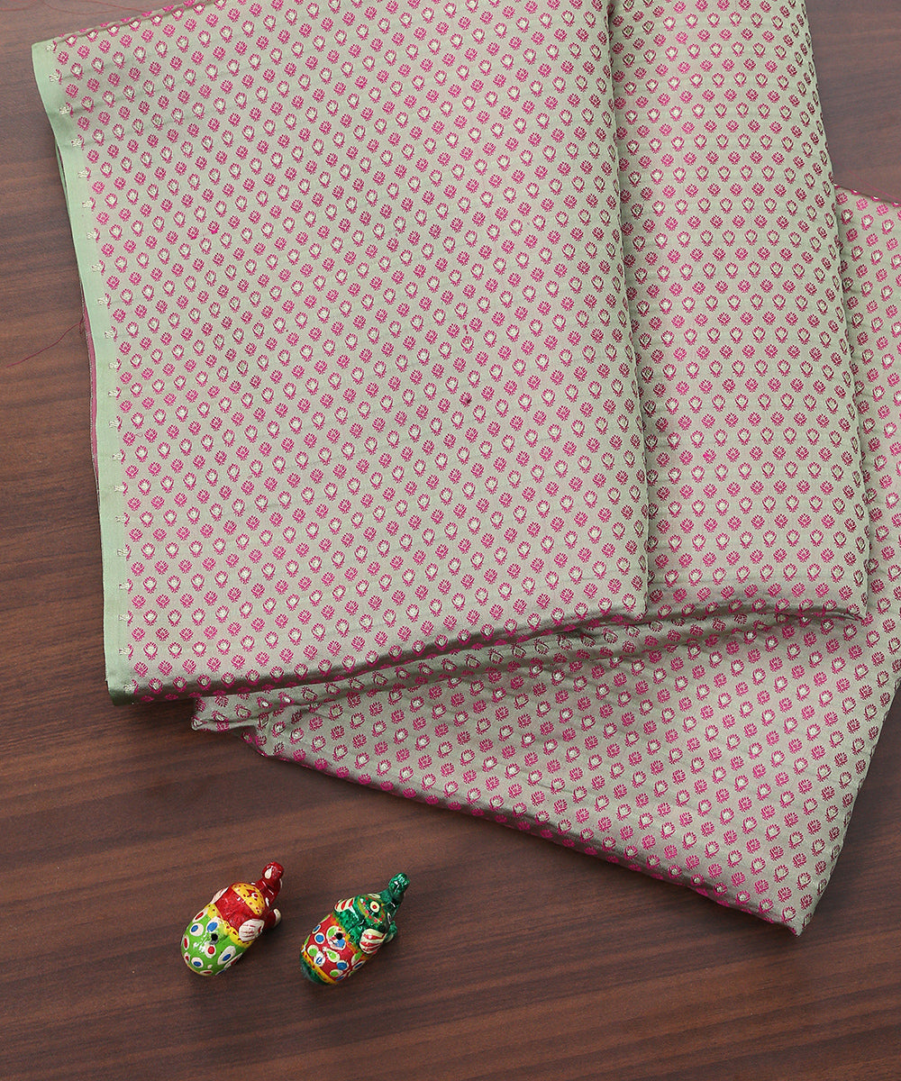 Handloom_Pista_And_Pink_Dual_Tone_Tanchoi_Banarasi_Fabric_With_Zari_Booti_WeaverStory_01