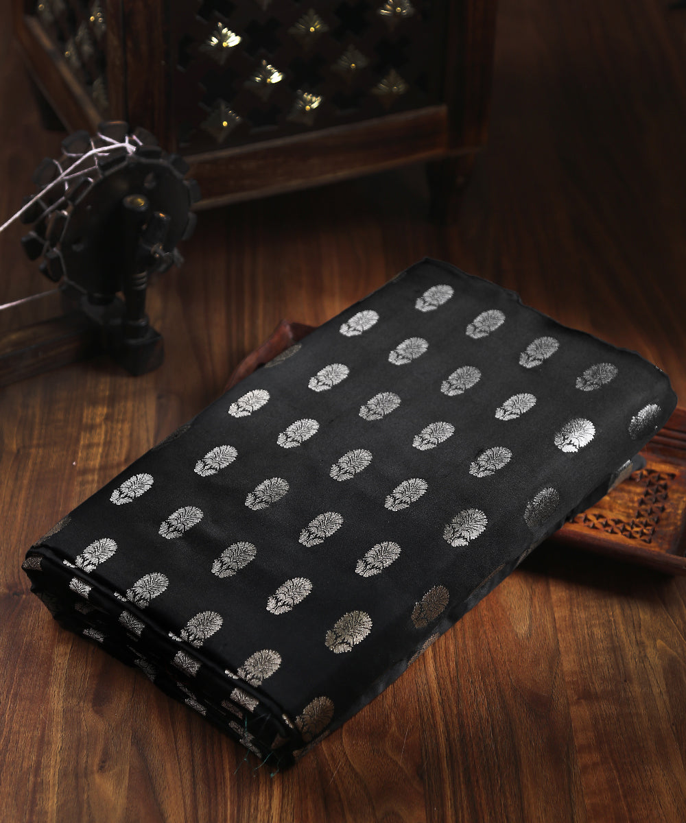 Black_Handloom_Satin_Silk_Banarasi_Fabric_with_Booti_Design_WeaverStory_01