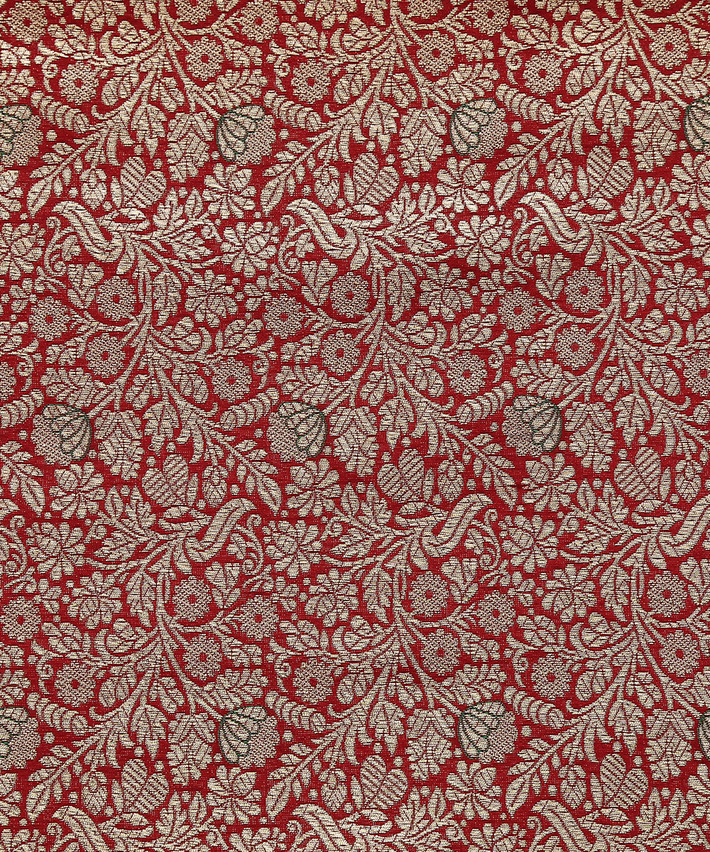 Marron Handloom Pure Katan Silk Kimkhab Banarasi Fabric With Green Meenakari