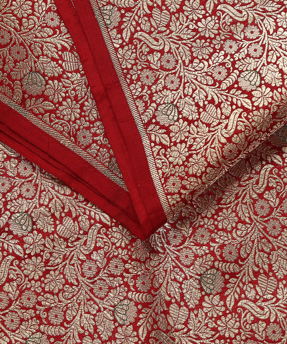 Marron Handloom Pure Katan Silk Kimkhab Banarasi Fabric With Green Meenakari