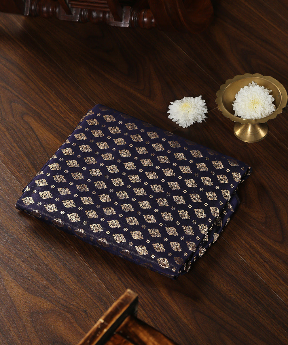 Dark_Blue_Handloom_Pure_Satin_Silk_Brocade_Banarasi_Fabric_With_Small_Mughal_Motifs_WeaverStory_01