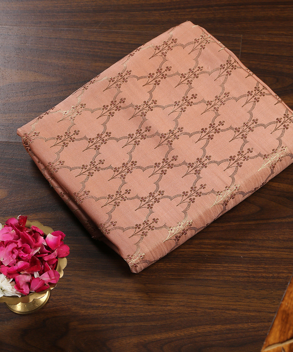 Peach_Handloom_Satin_Silk_Brocade_Banarasi_Fabric_With_Meenakari_Jaal_WeaverStory_01