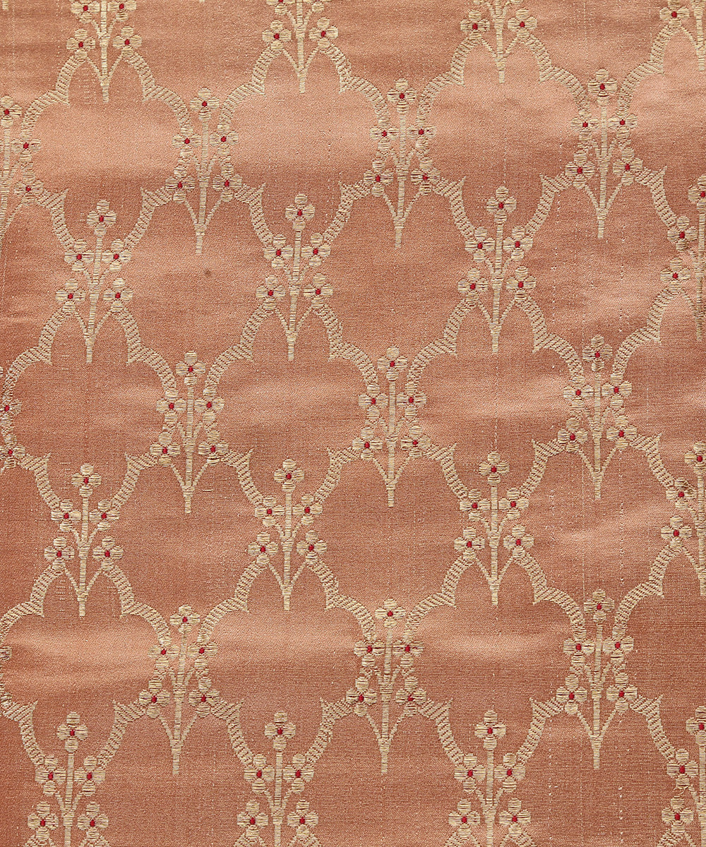 Peach_Handloom_Satin_Silk_Brocade_Banarasi_Fabric_With_Meenakari_Jaal_WeaverStory_02