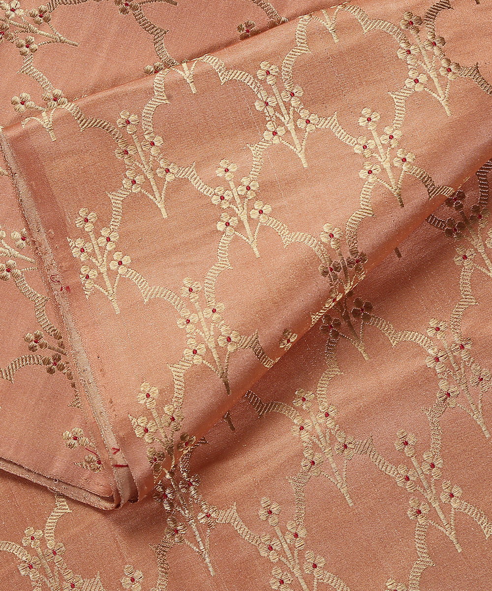 Peach_Handloom_Satin_Silk_Brocade_Banarasi_Fabric_With_Meenakari_Jaal_WeaverStory_04
