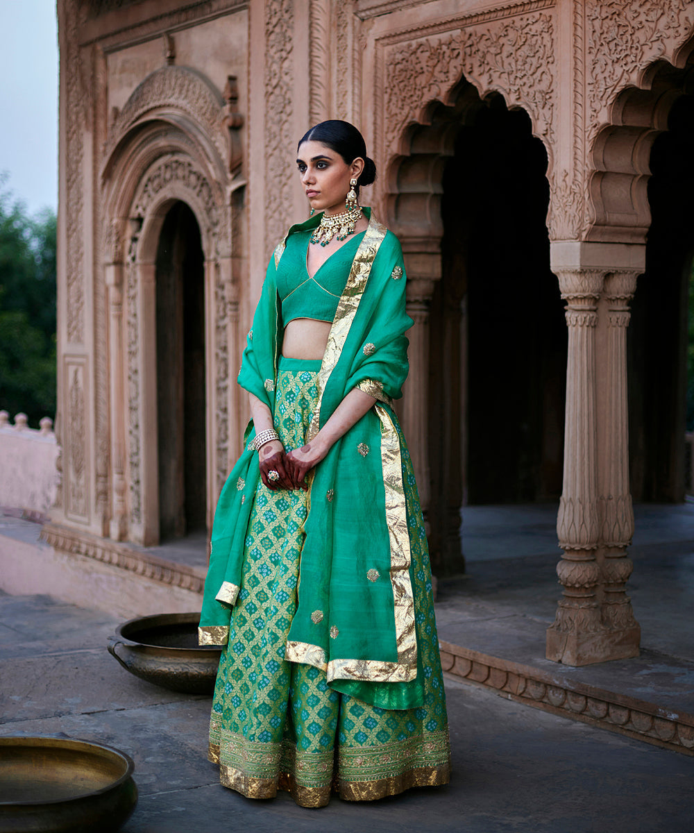 Light_Green_Georgette_Banarasi_Bandhej_Lehenga_Skirt_With_Silk_Scalloped_Blouse_And_Dupatta_WeaverStory_04