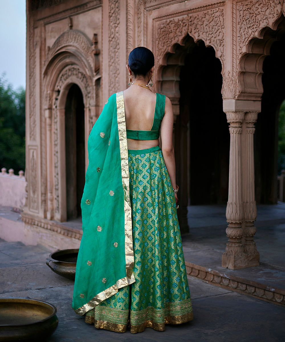 Light_Green_Georgette_Banarasi_Bandhej_Lehenga_Skirt_With_Silk_Scalloped_Blouse_And_Dupatta_WeaverStory_05