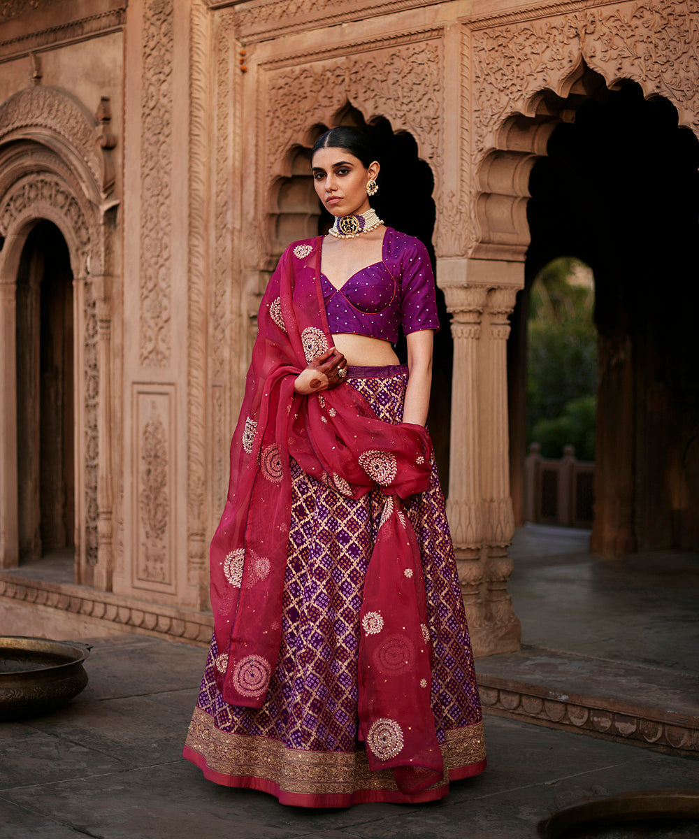 Purple_Georgette_Banarasi_Bandhej_Lehenga_Skirt_With_Blouse_And_Dupatta_WeaverStory_01