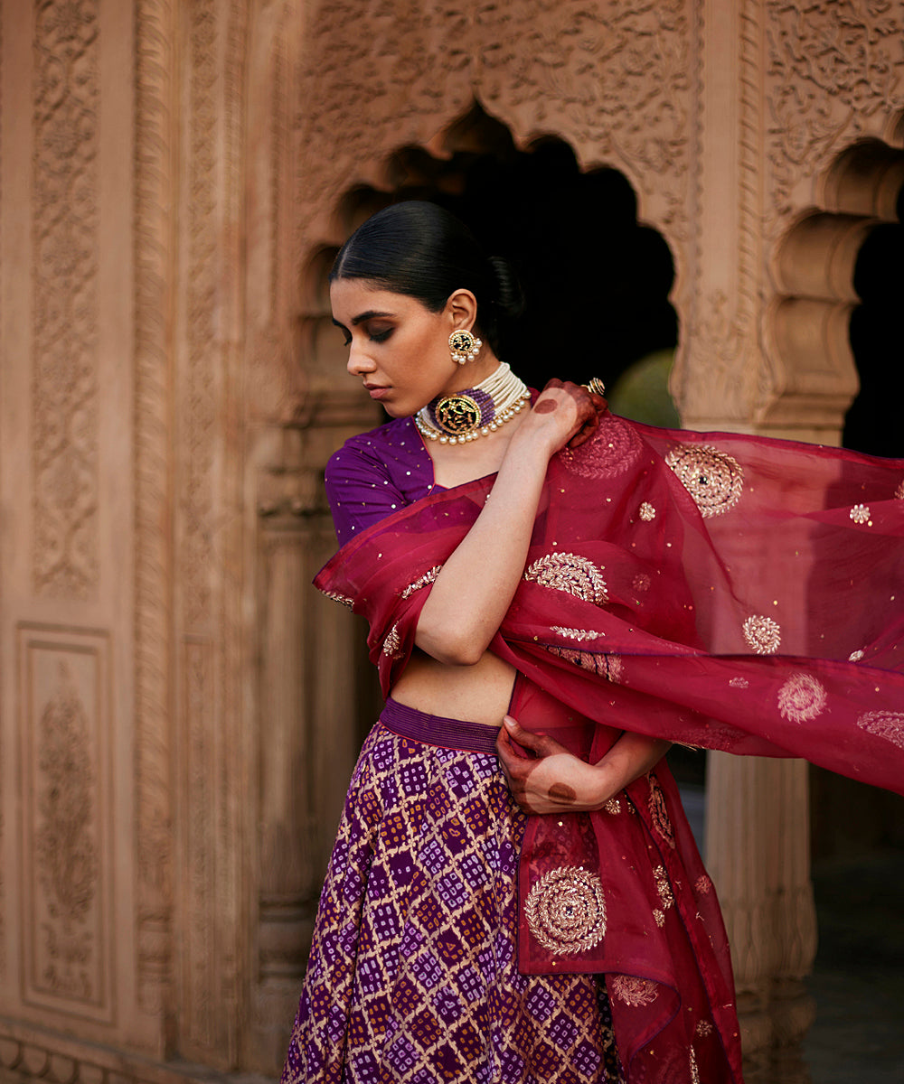 Purple_Georgette_Banarasi_Bandhej_Lehenga_Skirt_With_Blouse_And_Dupatta_WeaverStory_02