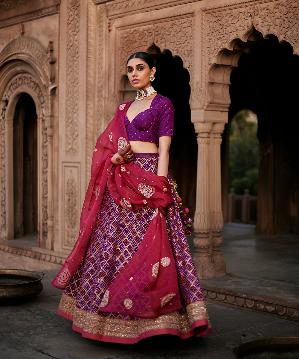 Purple_Georgette_Banarasi_Bandhej_Lehenga_Skirt_With_Blouse_And_Dupatta_WeaverStory_03