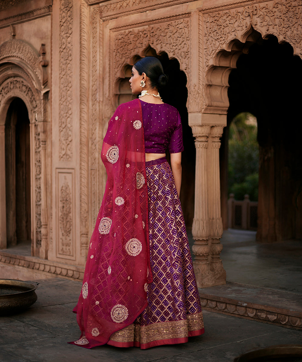 Purple_Georgette_Banarasi_Bandhej_Lehenga_Skirt_With_Blouse_And_Dupatta_WeaverStory_04