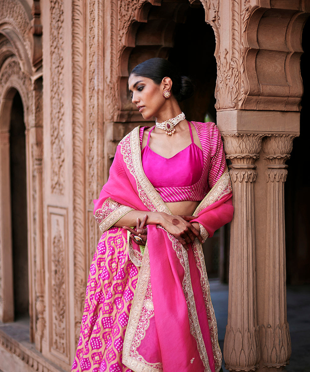 Hot_Pink_Georgette_Banarasi_Bandhej_Lehenga_With_Blouse_And_Embroidered_Dupatta_WeaverStory_02