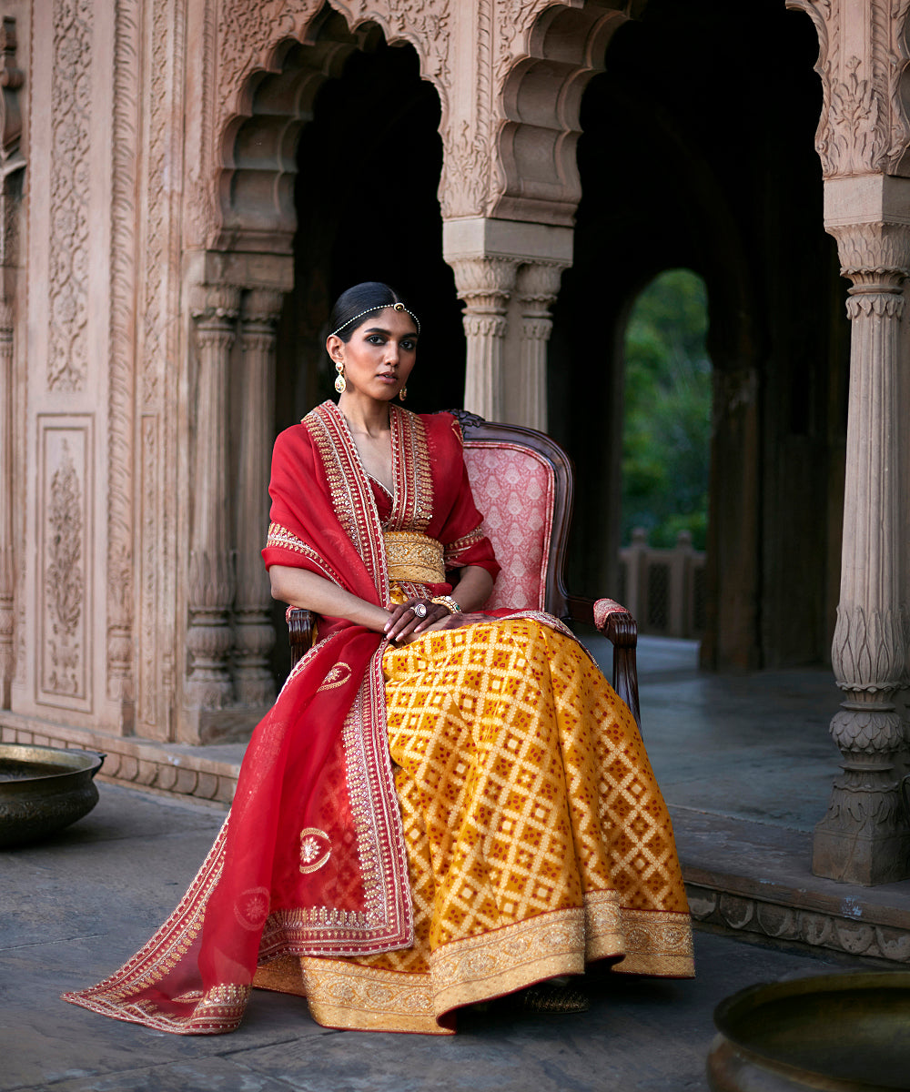 Yellow_Georgette_Banarasi_Bandhej_Lehenga_With_Red_Blouse_And_Dupatta_And_Yellow_Belt_WeaverStory_02