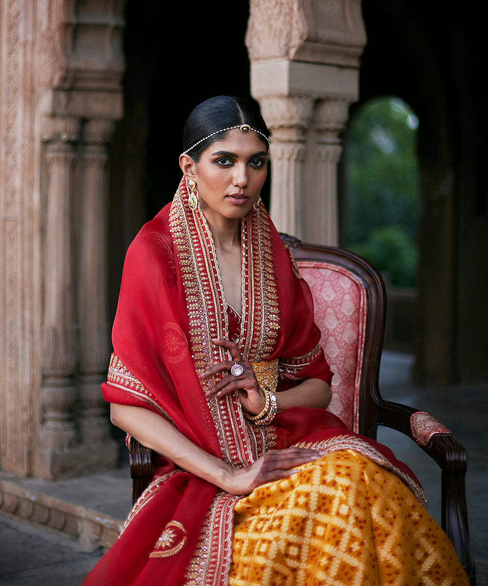 Yellow_Georgette_Banarasi_Bandhej_Lehenga_With_Red_Blouse_And_Dupatta_And_Yellow_Belt_WeaverStory_03