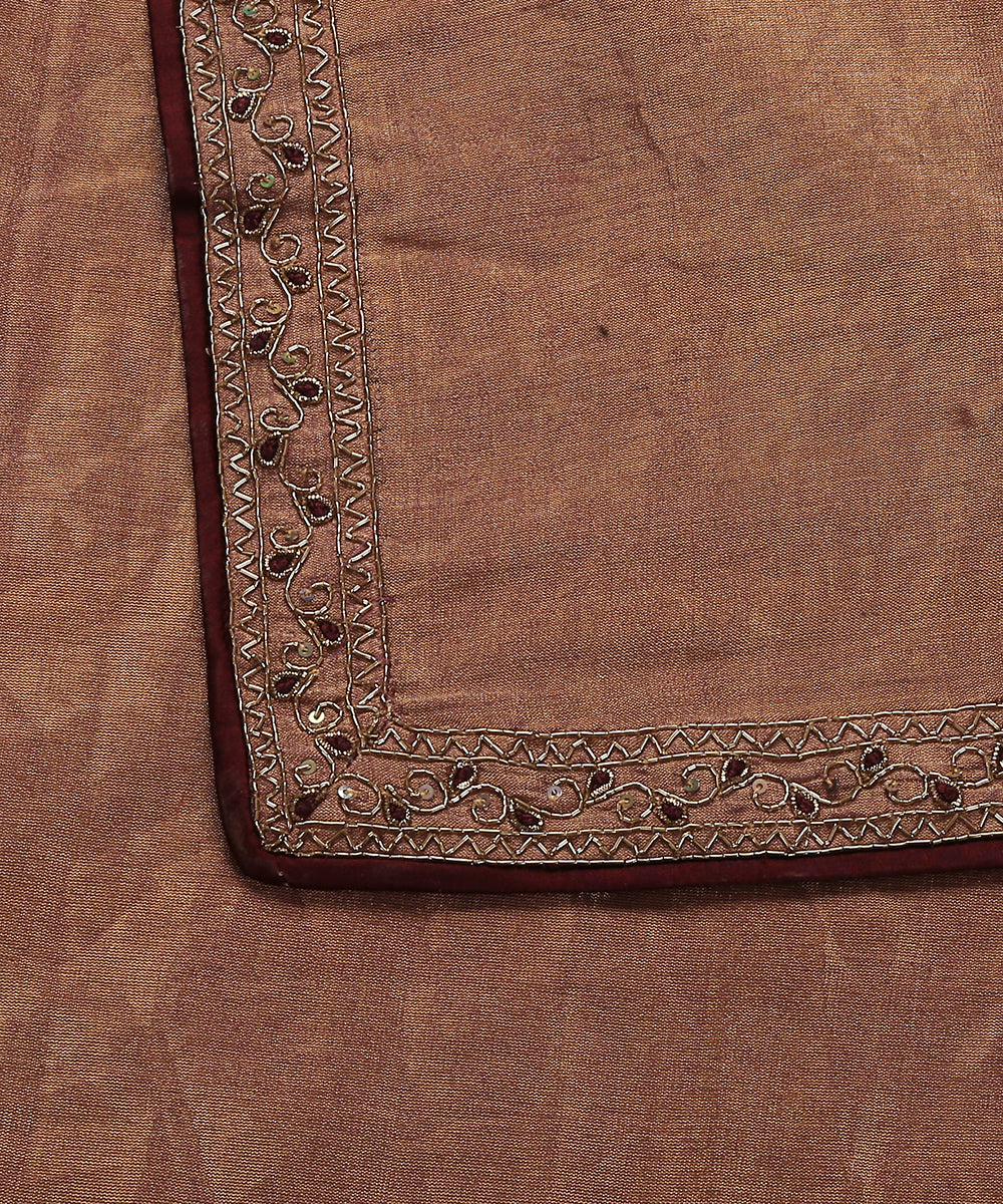 Lilac And Gold Pure Tissue Dupatta With Hand Emroidered Zardozi Border