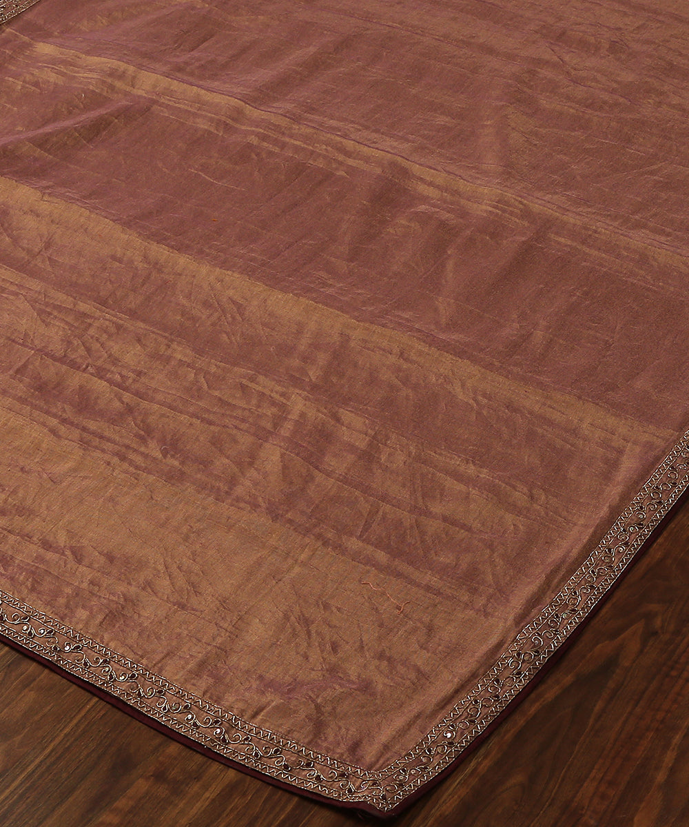 Lilac And Gold Pure Tissue Dupatta With Hand Emroidered Zardozi Border