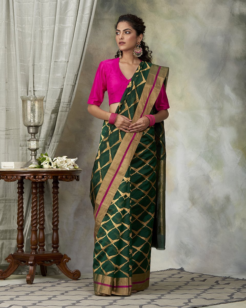 Handloom_Pure_Silk_Emerald_Green_Chanderi_Saree_with_Gold_Zari_WeaverStory_02