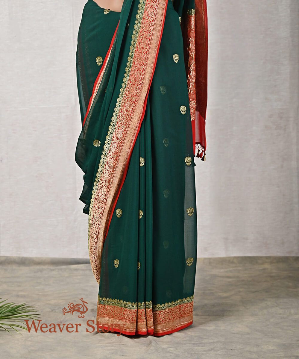 Green_Handloom_Banarasi_Georgette_Saree_with_Red_Border_and_Zari_Work_WeaverStory_04