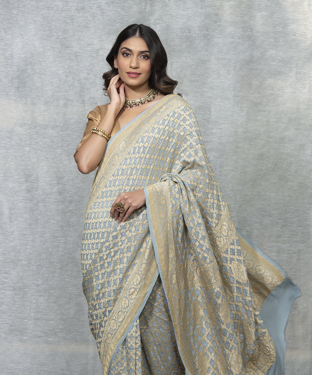 Grey_Handloom_Pure_Georgette_Banarasi_Bandhej_Saree_WeaverStory_01
