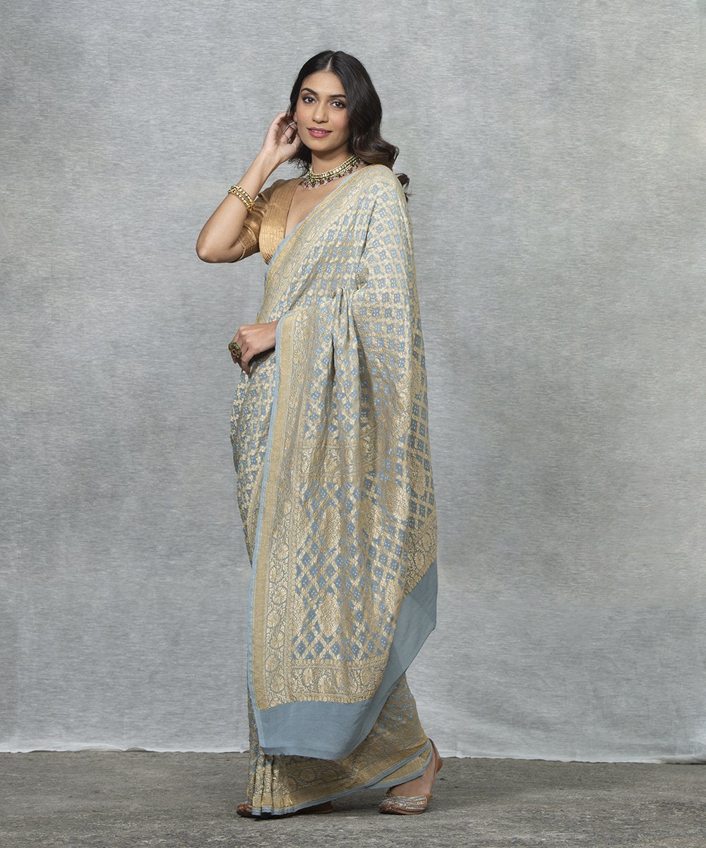 Grey_Handloom_Pure_Georgette_Banarasi_Bandhej_Saree_WeaverStory_02