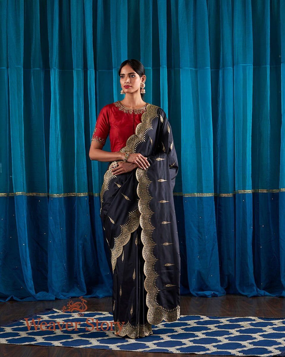 Handloom_Black_Scalloped_Border_Banarasi_Silk_Saree_with_a_Brocade_Blouse_WeaverStory_02