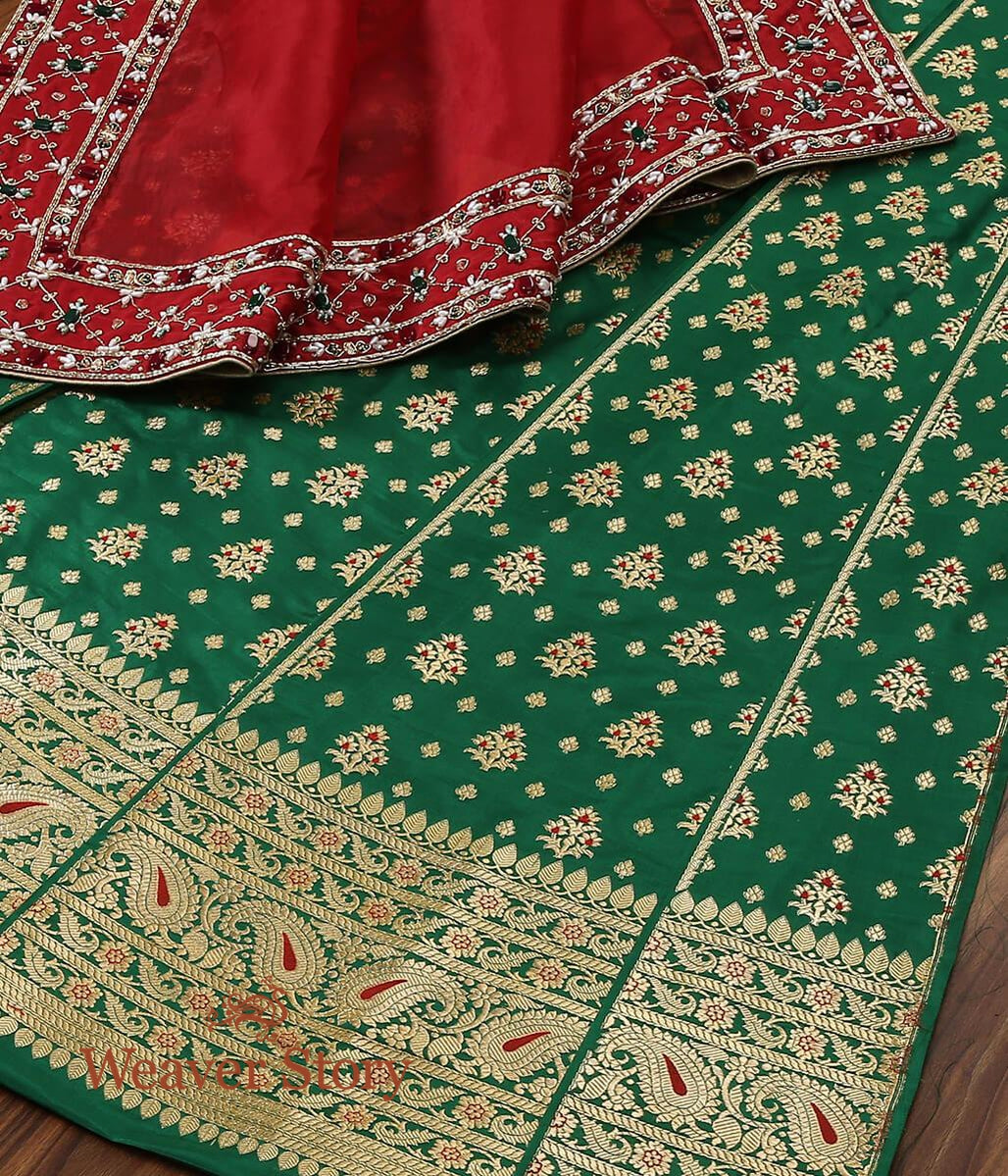 Handloom_Green_Meenakari_Booti_Lehenga_with_Plain_Blouse_WeaverStory_01