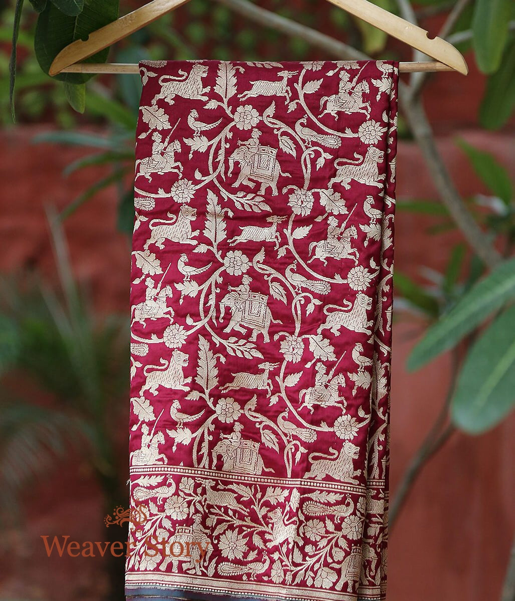 Handloom_Wine_Pure_Silk_Banarasi_Shikargah_Dupatta_WeaverStory_01