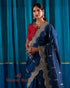 Handloom_Navy_Blue_Scalloped_Border_Banarasi_Silk_Saree_with_a_Red_Blouse_WeaverStory_01