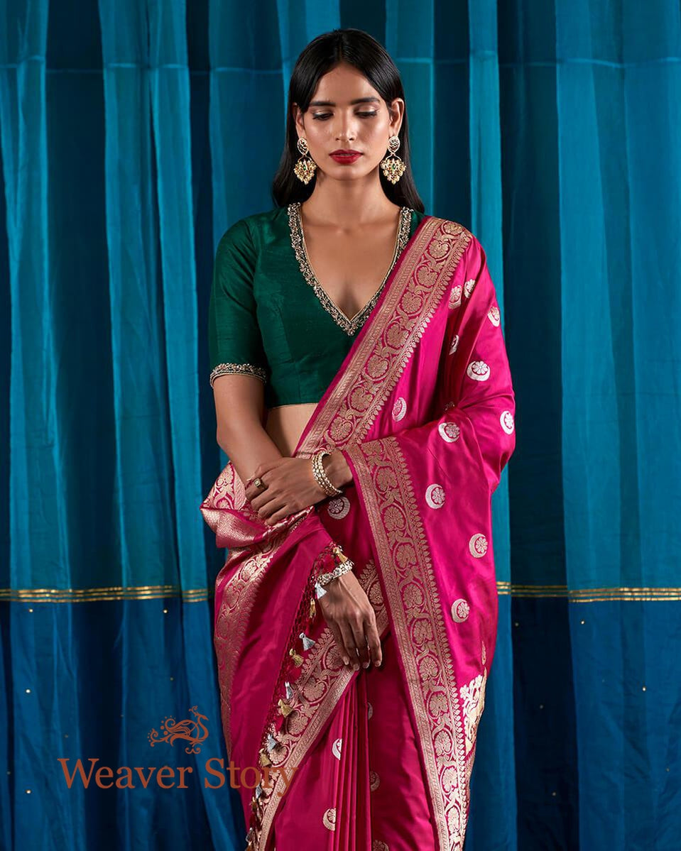 Indian_Pink_Banarasi_Handloom_Saree_with_Kadhwa_Booti_and_Lion_Motifs_WeaverStory_01