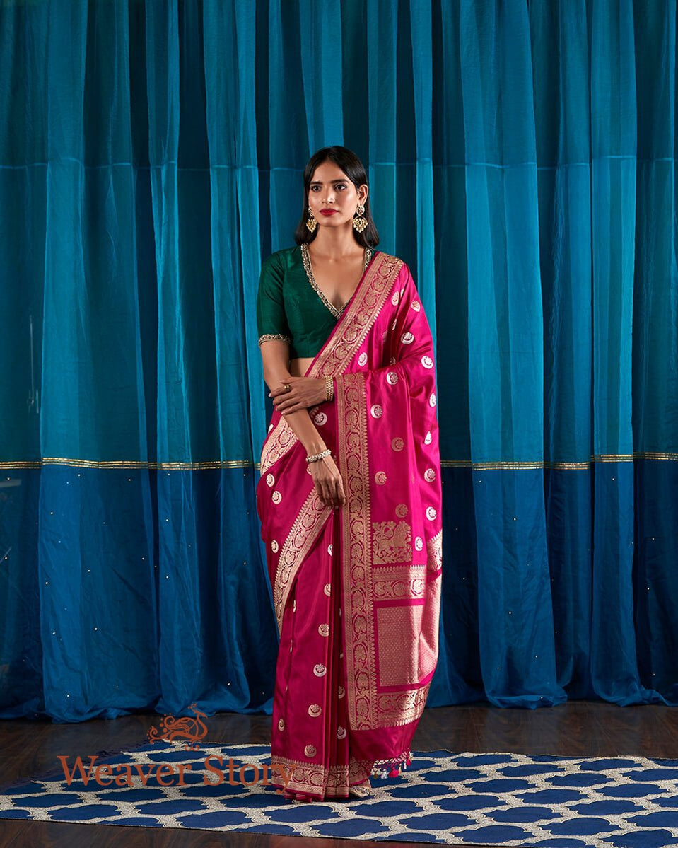 Indian_Pink_Banarasi_Handloom_Saree_with_Kadhwa_Booti_and_Lion_Motifs_WeaverStory_02
