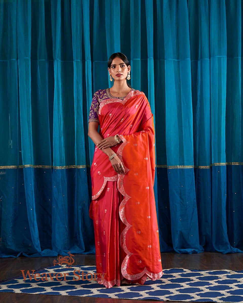 Handloom_Pink_and_Orange_Dual_Tone_Banarasi_Silk_Saree_with_Scalloped_Border_WeaverStory_02