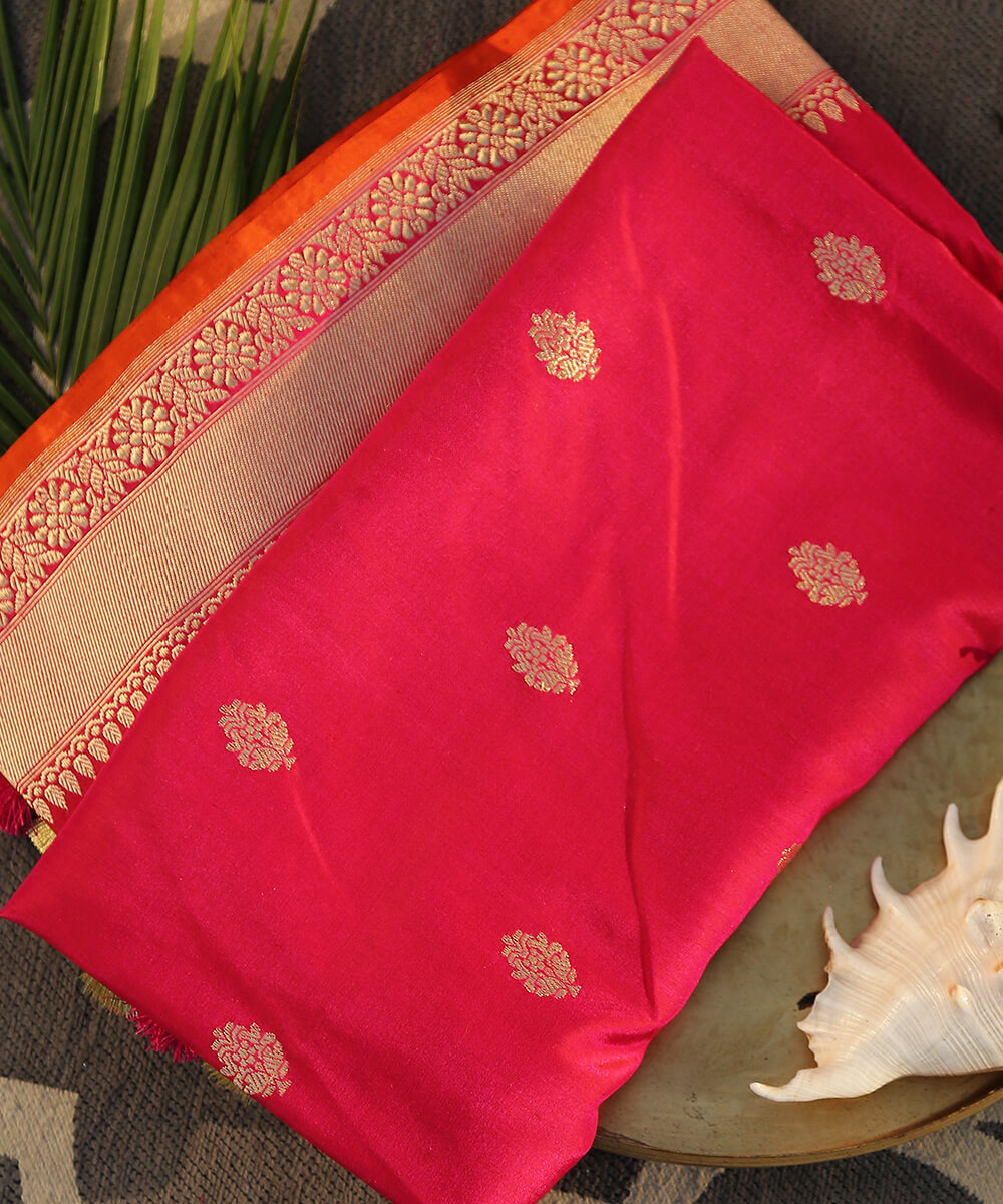 Handloom_Pink_Kadhwa_Booti_Dupatta_with_Orange_Selvedge_WeaverStory_01