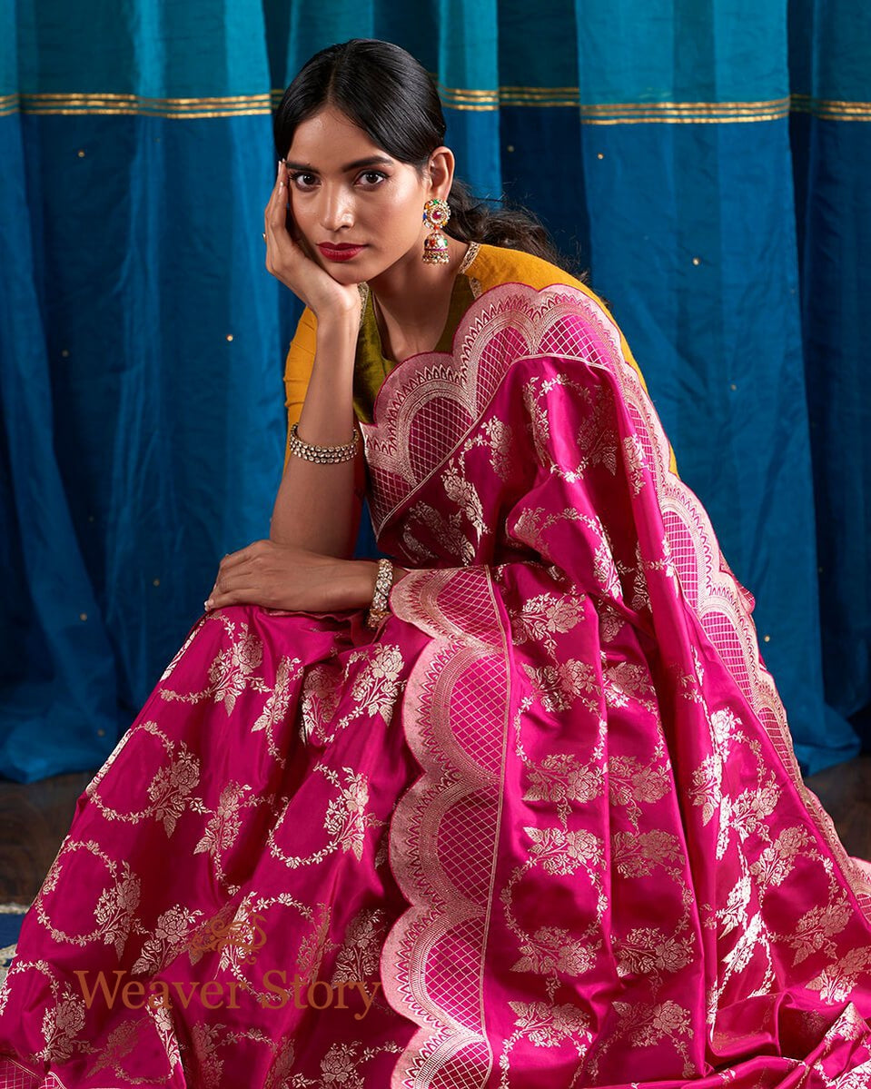 Handloom_Indian_Pink_Banarasi_Silk_Saree_with_Scalloped_Borders_WeaverStory_01