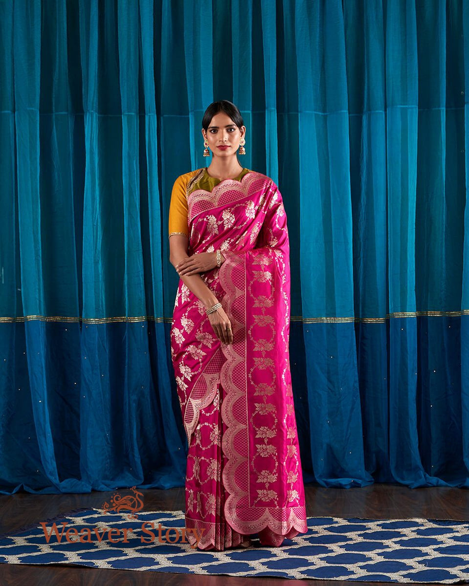 Handloom_Indian_Pink_Banarasi_Silk_Saree_with_Scalloped_Borders_WeaverStory_02