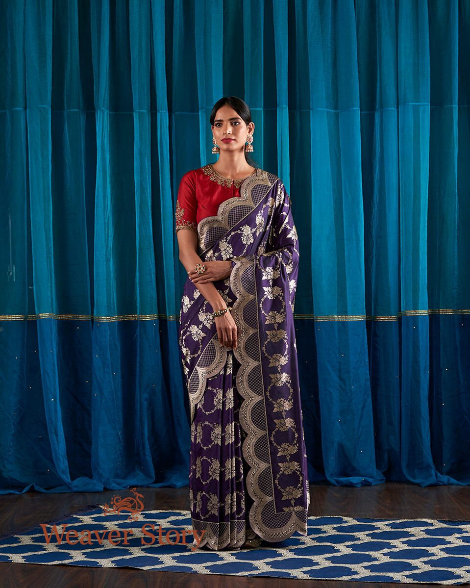 Handloom_Deep_Purple_Banarasi_Silk_Saree_with_Scalloped_Borders_WeaverStory_02