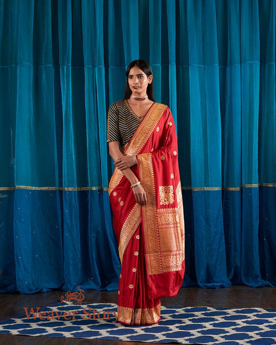 Bridal_Red_Banarasi_Handloom_Saree_with_Kadhwa_Booti_and_Lion_Motifs_WeaverStory_02