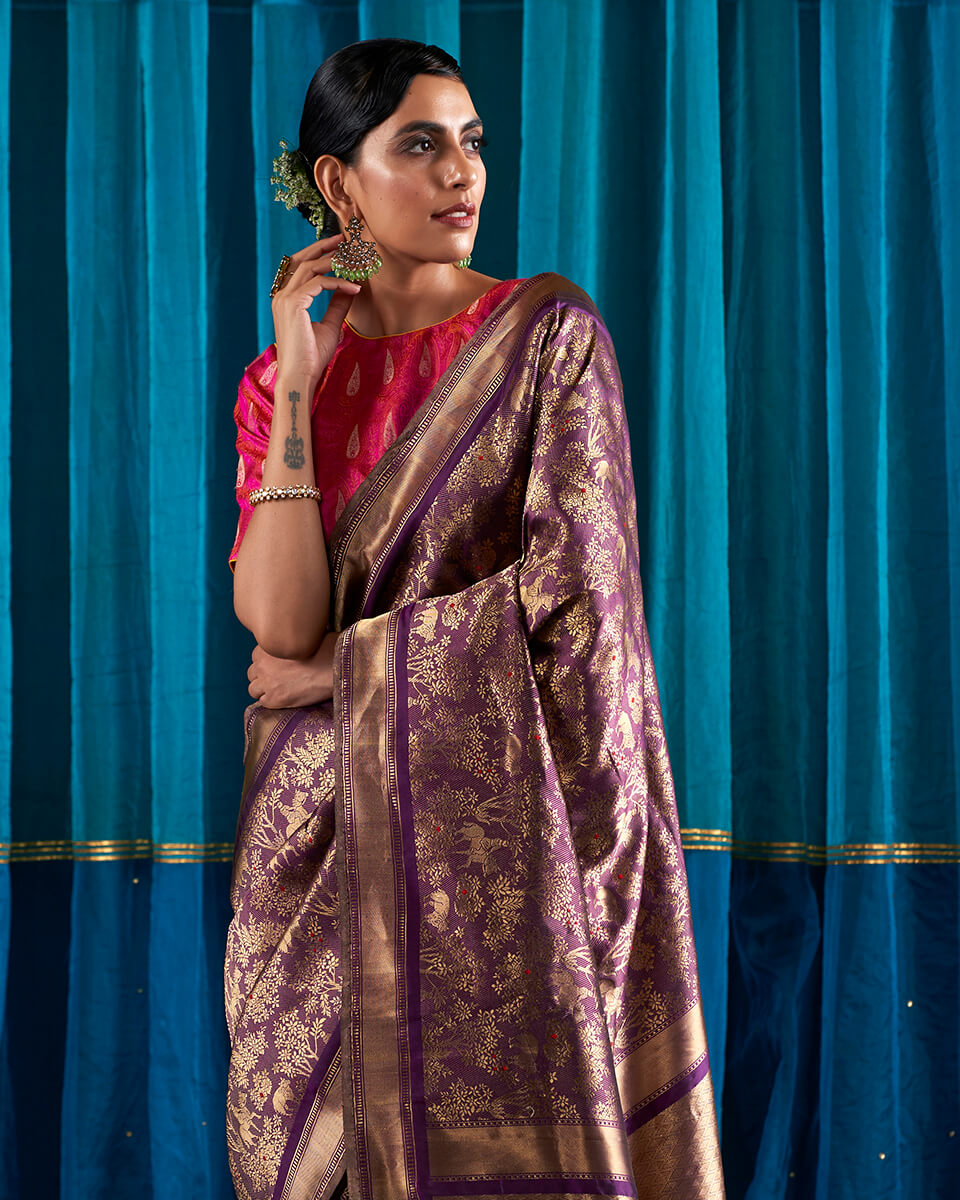 Handloom_Wine_Kimkhab_Shikargah_Banarasi_Saree_WeaverStory_01