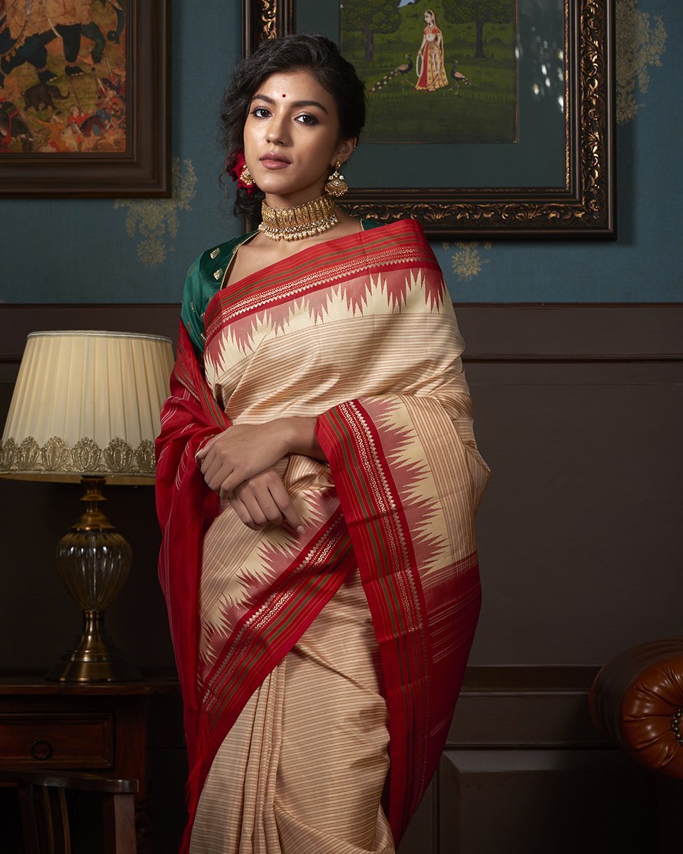 Handloom_Beige_Self_Striped_Kanjivaram_Saree_With_Red_Temple_Border_WeaverStory_01
