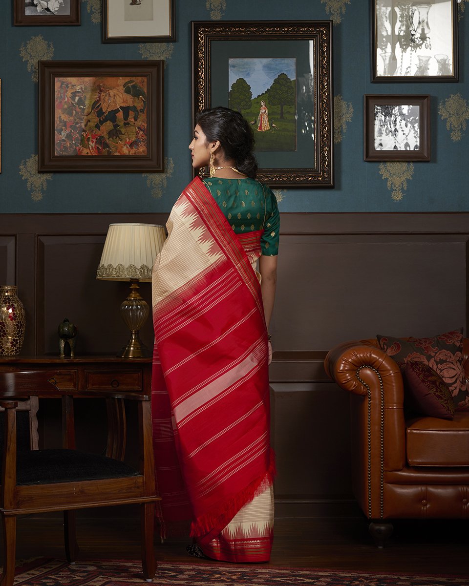 Handloom_Beige_Self_Striped_Kanjivaram_Saree_With_Red_Temple_Border_WeaverStory_03