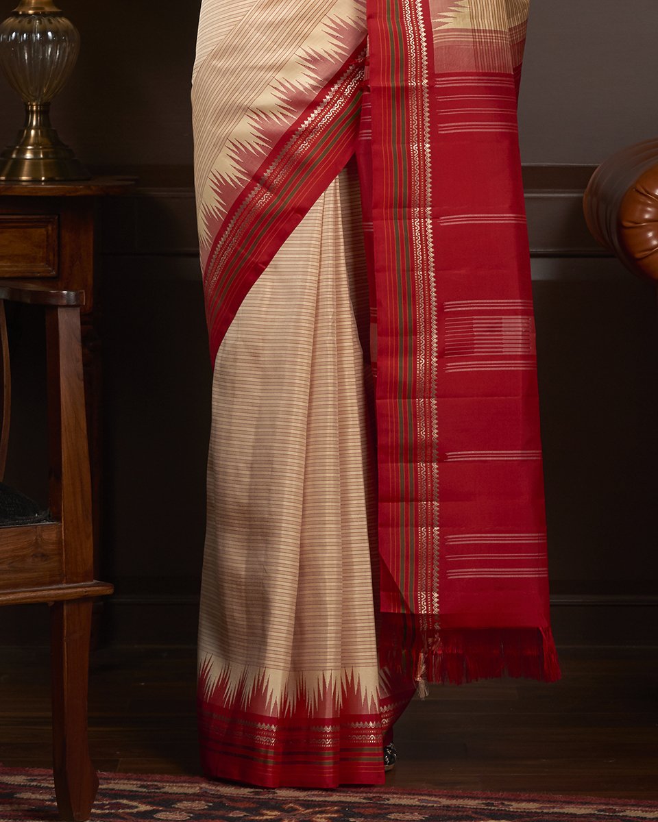 Handloom_Beige_Self_Striped_Kanjivaram_Saree_With_Red_Temple_Border_WeaverStory_04